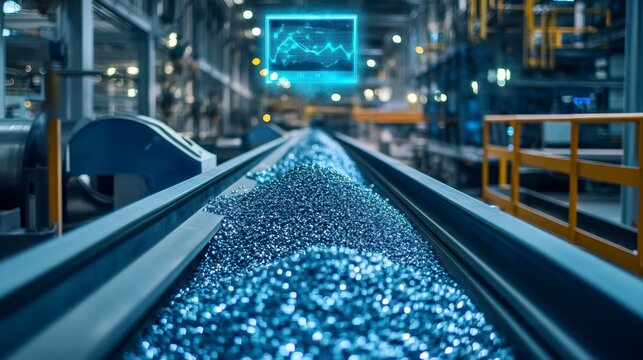 Metal parts on a conveyor belt in a factory with a digital display showing production data.