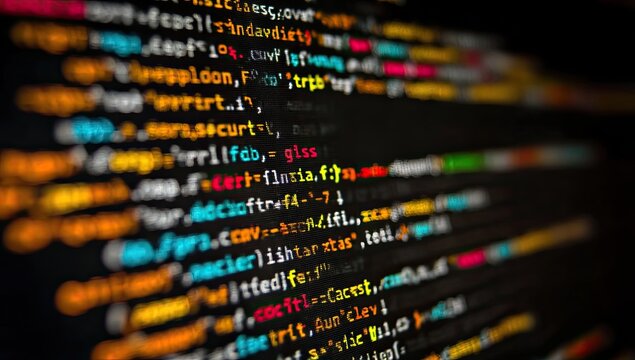 Close-up view of colorful computer code on a dark screen