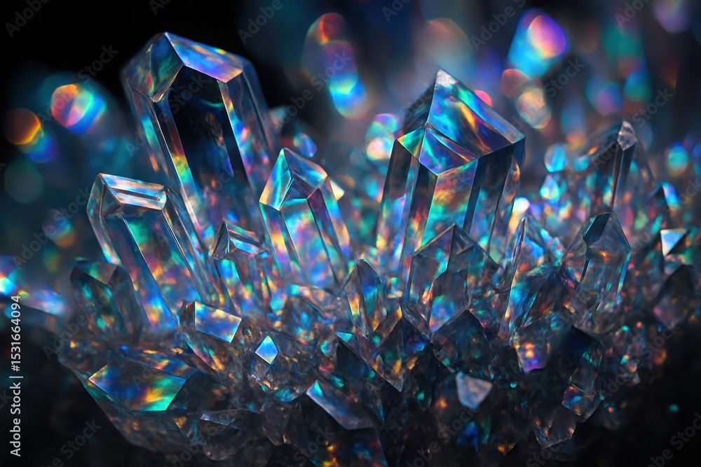 Poster iridescent crystal formation with rainbow light refraction creating ethereal geometric patterns
