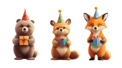 Naklejka premium Birthday celebration with cute animal characters festive setting digital illustration cheerful atmosphere whimsical viewpoint