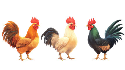 Fototapeta premium Colorful roosters displaying unique features in farmyard setting digital art vibrant environment creative viewpoint