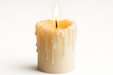 White melting candle with realistic wax drips isolated on clean background