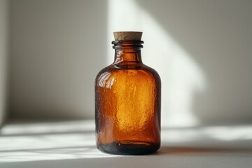 Amber bottle with cork stopper in sunlight