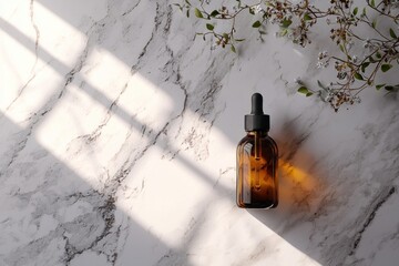 Amber bottle and dropper with plant on marble