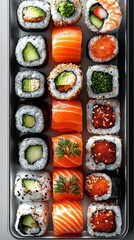 Assorted sushi rolls in a metal tray, top-down view