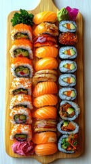 Assorted sushi rows on wooden board, top-down view