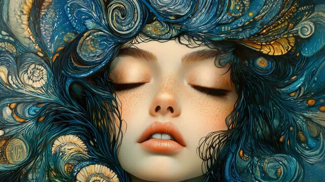 A painting of a woman with long hair and blue eyes