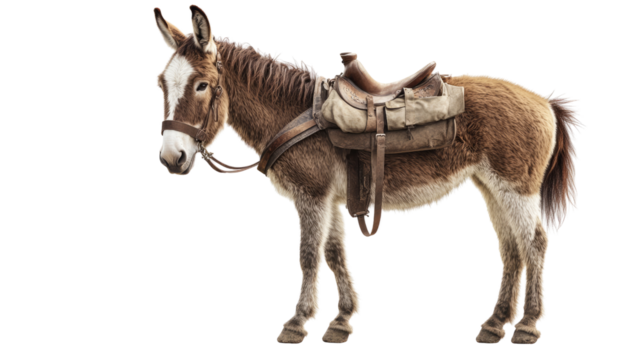 Working donkey with saddle rural setting animal portrait natural environment side view traditional farming concept