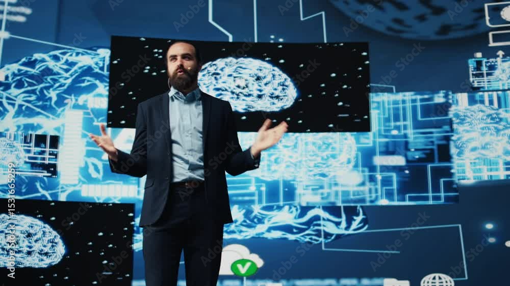 Poster entrepreneur presenter hosting live conference to highlight ai usage in business growth, demonstrati