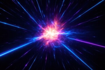 Spectacular cosmic explosion with brilliant blue and purple neon light trails streaming through galaxy at light speed
