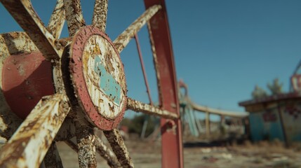 Fototapeta premium Apocalyptic Wasteland: Decaying Amusement Park Ride with Vintage Signage Detail