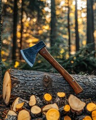 Axe on log with wood chips in forest