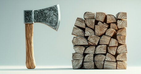 Axe beside stacked cut wood, sharp silver blade