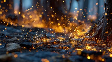 Enchanting forest floor with ethereal golden light and whimsical bokeh effects