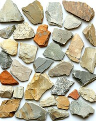 Assorted flat stones scattered on white
