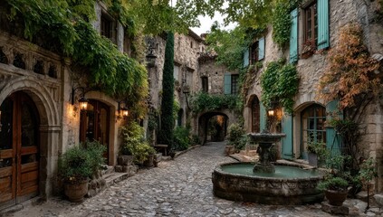 Fototapeta premium Idyllic European village street with stone buildings and lush greenery