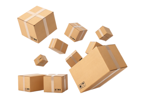Floating Cardboard Boxes in Various Sizes Representing Shipping and Delivery Logistics Concept