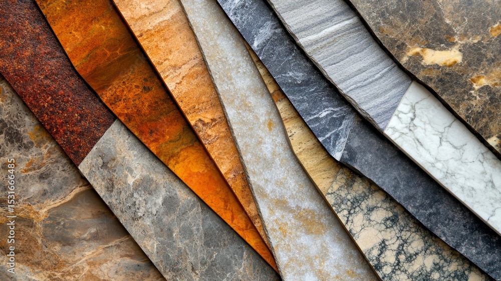 Poster collection of various stone samples showcasing different colors, textures, and patterns.