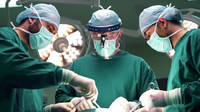 In a state-of-the-art hospital, a skilled and diverse team of surgeons collaborates during a complex operation in the evening