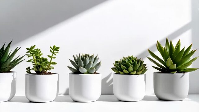 Five succulent plants in white ceramic pots lined up on a white shelf, modern and minimalist design, indoors, bright light, home decor