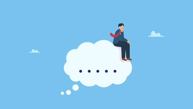 Thoughtful businessman sitting like thinker on thinking bubble. Symbolizes critical thinking to solve problem, focus on new idea, concentration or philosophy, skeptical or rational, think of solution.