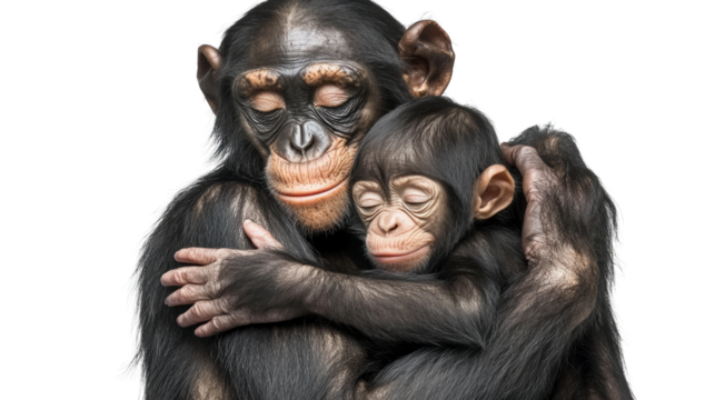 Sweet bonding moment chimpanzee family embracing together in studio animal portrait heartwarming atmosphere close-up view