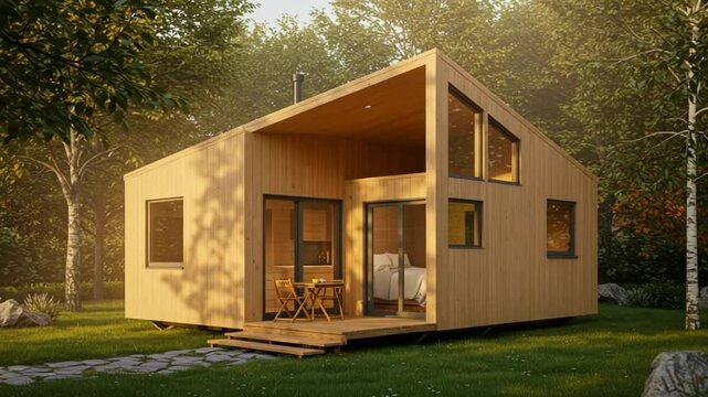 Modern prefabricated tiny house in natural landscape, perfect for eco-friendly living concept