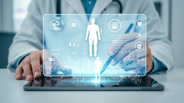 Tecnolog&iacute;as modernas en la medicina: un m&eacute;dico trabaja con una tableta digital con inteligencia artificial y hologramas - A doctor works with a digital tablet featuring artificial intelligence .