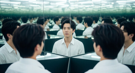 A labyrinth of mirrors reflecting infinite versions of a lone person, exploring themes of identity, self-perception, and the fragmented multiplicity within the human psyche.