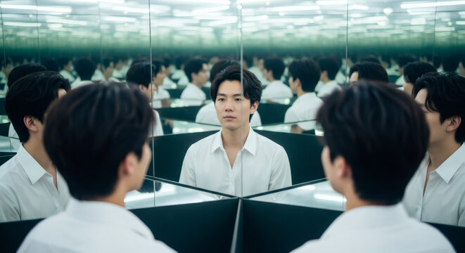 A labyrinth of mirrors reflecting infinite versions of a lone person, exploring themes of identity, self-perception, and the fragmented multiplicity within the human psyche.