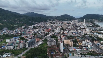 Aerial drone birds eye view patong town phuket city bangla road walking street beach coast thailand south east asia resort
