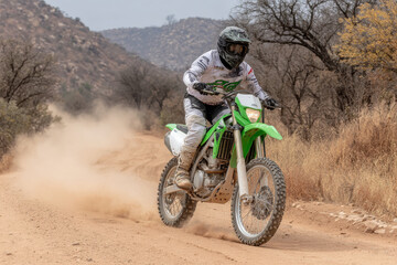 focused enduro motorcyclist portrait on left side of frame captured in motion