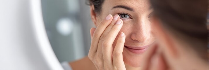 Woman Adjusts Contact Lens in a Clean Vanity Setup While Looking in a Large Mirror During Morning Routine