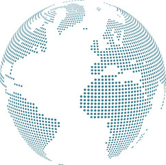 Abstract Globe Dotted Sphere – 3D Halftone Dot Effect, Blue Dots on White, Modern Minimal Vector for Logo, Banner, Business Card Design

