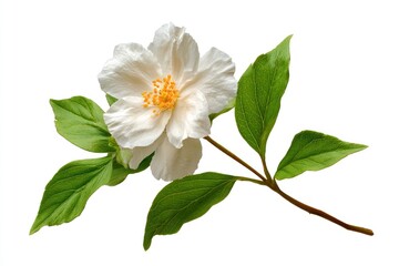 Obraz premium Close-up of a delicate white flower with green leaves