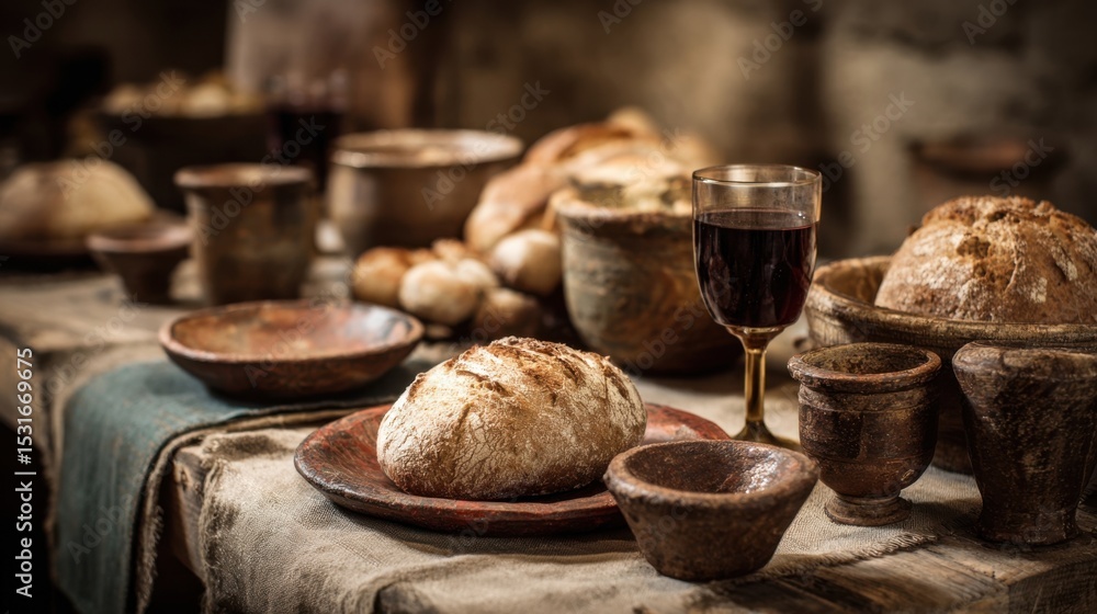 Poster concept photo of a table adorned with rustic dishes and bread, symbolizing the simple meal of bread 