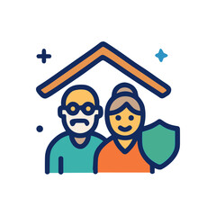 Elderly couple under house roof protected. Icon symbol illustration