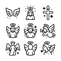 Collection of various outline icons featuring angels with wings and halos, and a religious cross. Religious and spiritual concept