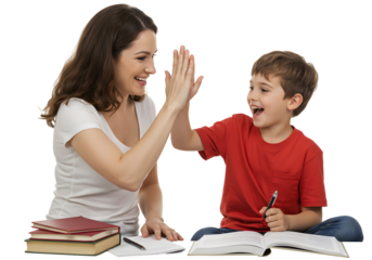 Mom Tutor Son High Five Studying Learning Together