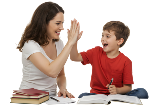 Mom Tutor Son High Five Studying Learning Together