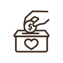 Giving coin to charity box. Icon symbol illustration