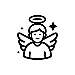 Outline of a smiling angel figure with detailed wings and a halo, representing positive spirituality. Religious and spiritual concept