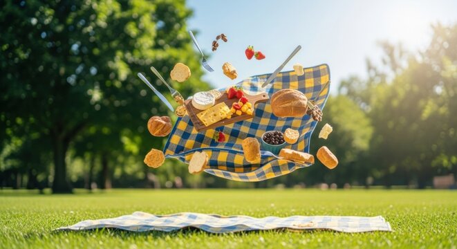 Celebrating national picnic month with floating picnic snacks in sunny park setting