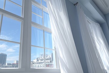 White sheer curtains billow open, revealing a cityscape view through a large window. Light and airy