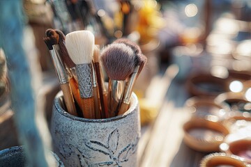 Paintbrushes in a decorative holder, blurred background