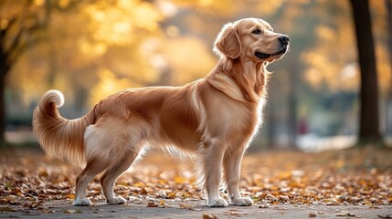 Beautiful Golden Retriever in Autumn Park Setting