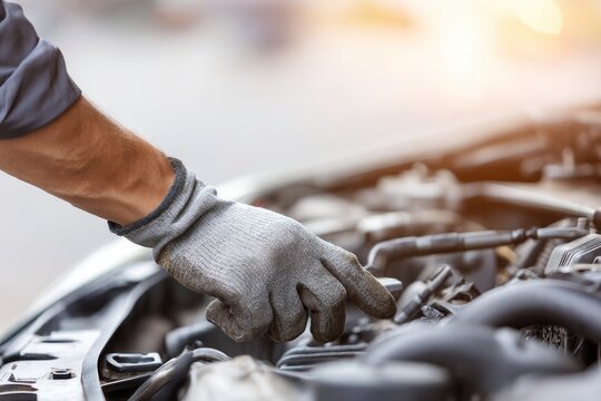 Close-up of hand in gray glove inspecting car engine