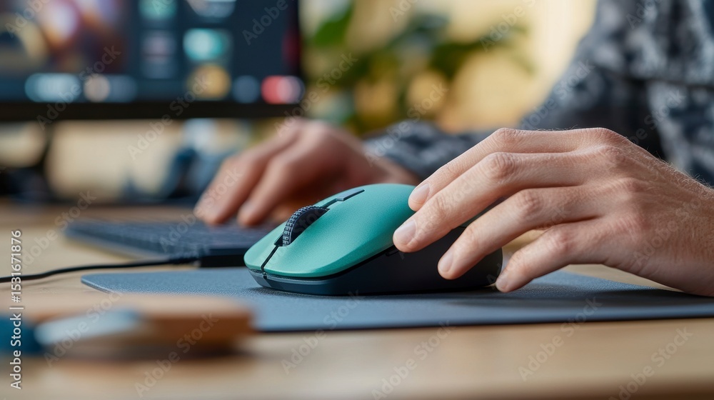 Aufkleber Close-up of hands using a computer mouse on a desk.