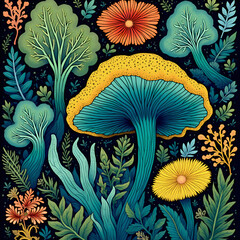 Cool and colorful mushroom art full of funky shapes, cute flowers, and jungle vibes. Like a magical forest party!