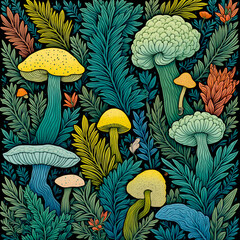 Cool and colorful mushroom art full of funky shapes, cute flowers, and jungle vibes. Like a magical forest party!